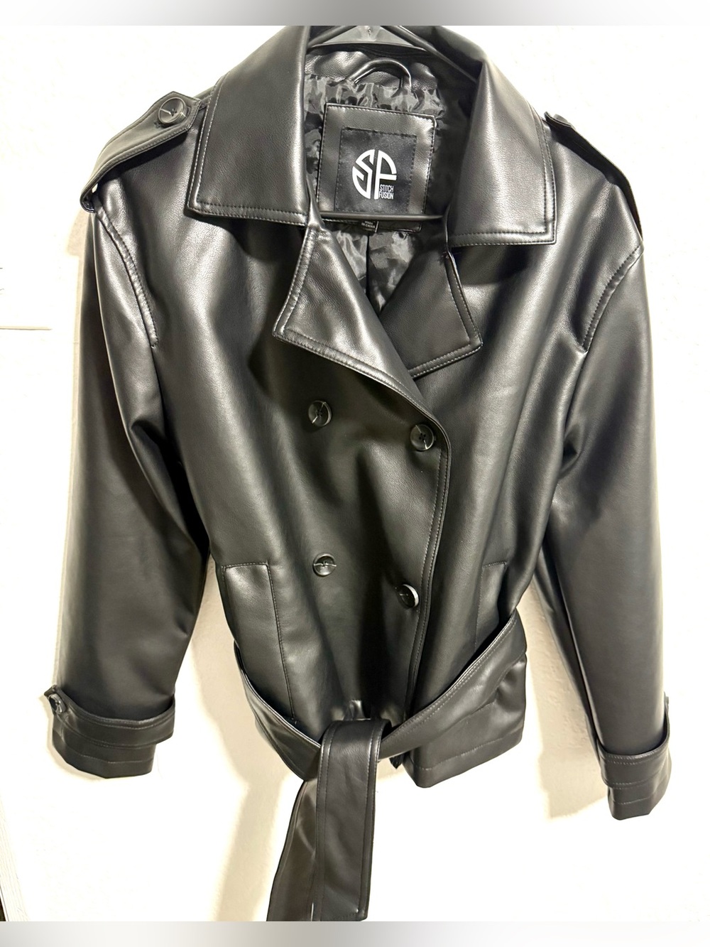 Black Faux Leather Jacket With Wrap Around Tie Size Medium